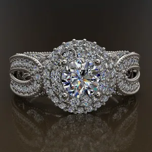 1.3ct Round Cut Diamond Halo Gold Engagement Ring - 02US03