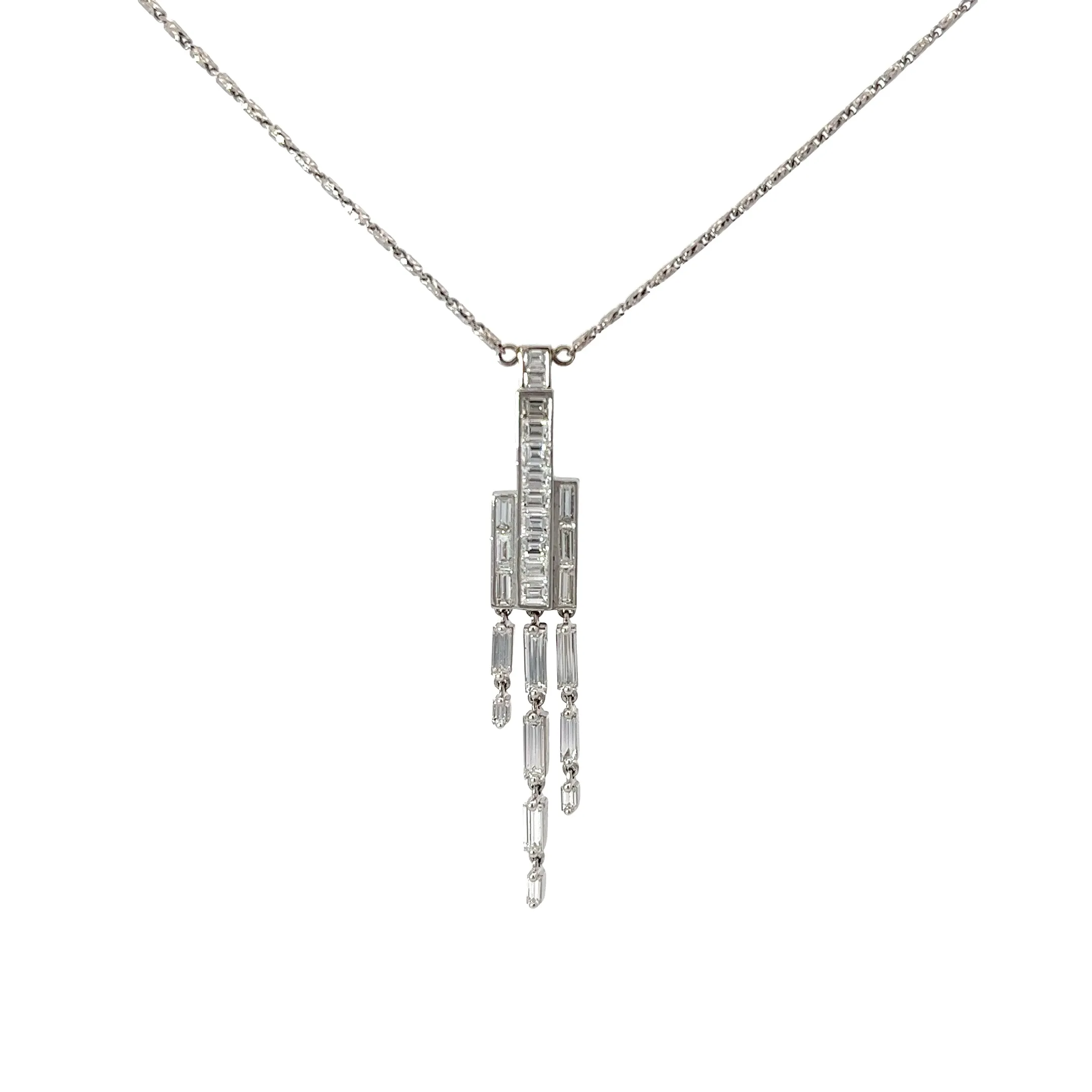14k White Gold 1.92ct E VVS2 Baguette and Emerald Shaped Diamond Waterfall Necklace