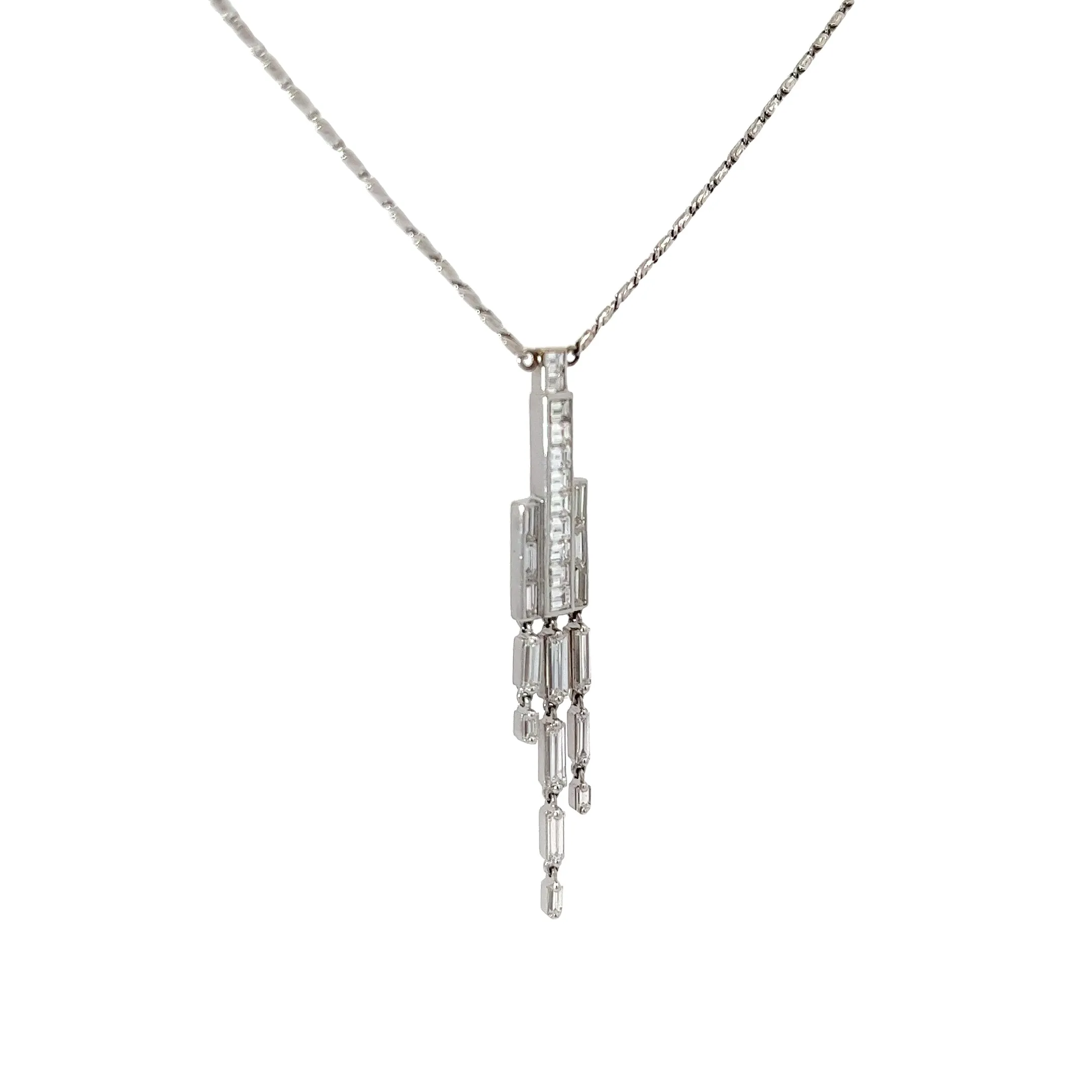 14k White Gold 1.92ct E VVS2 Baguette and Emerald Shaped Diamond Waterfall Necklace
