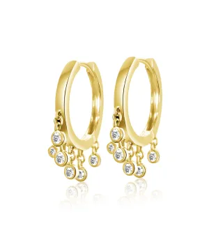 14KT Gold Dangling Diamond Small Hoop Huggie Earrings
