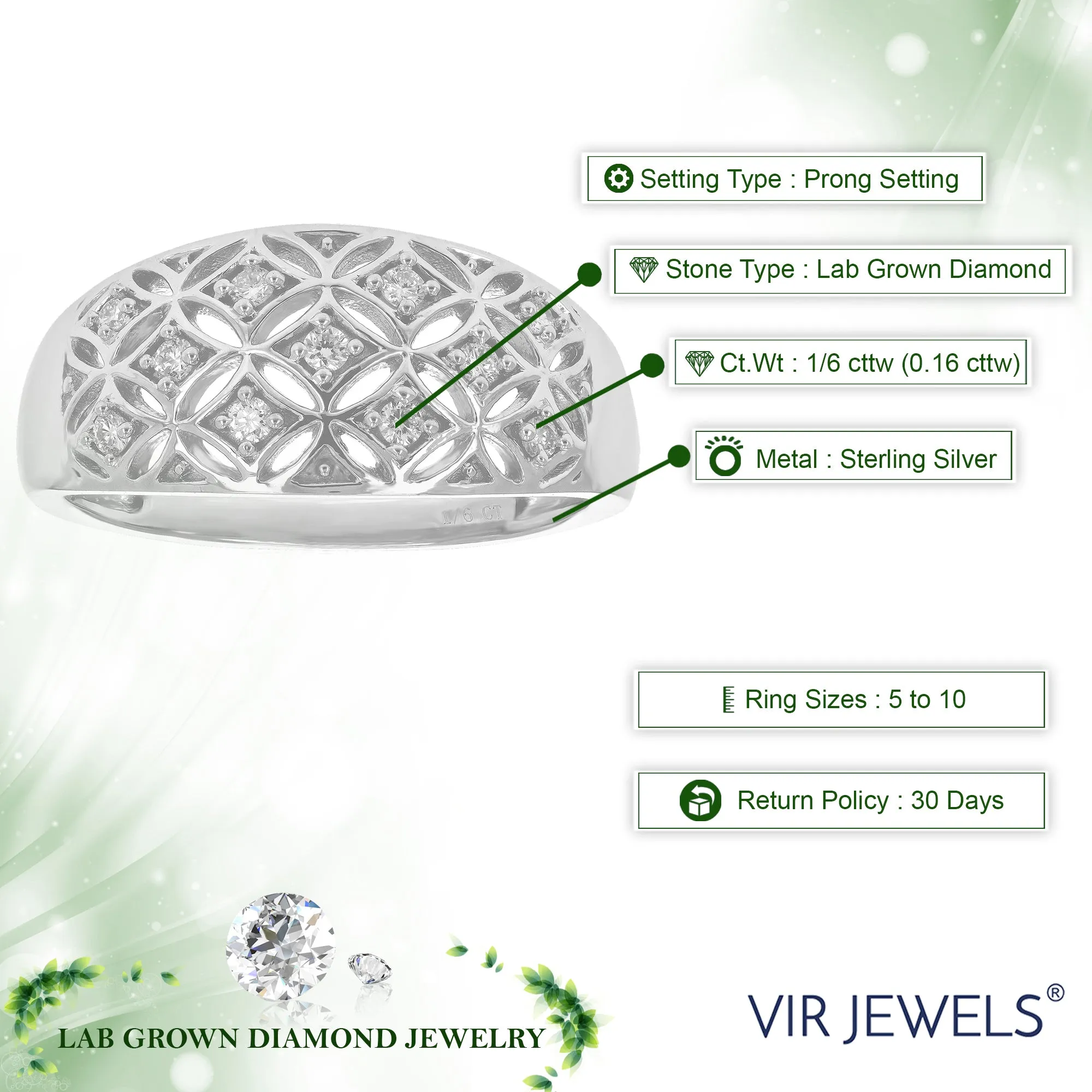 1/6 cttw Lab Grown Diamond Floral Wedding Band Sterling Silver