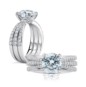 18k White Gold 3 Row Diamond Pinched Shank Engagement Ring for a 1ct Center