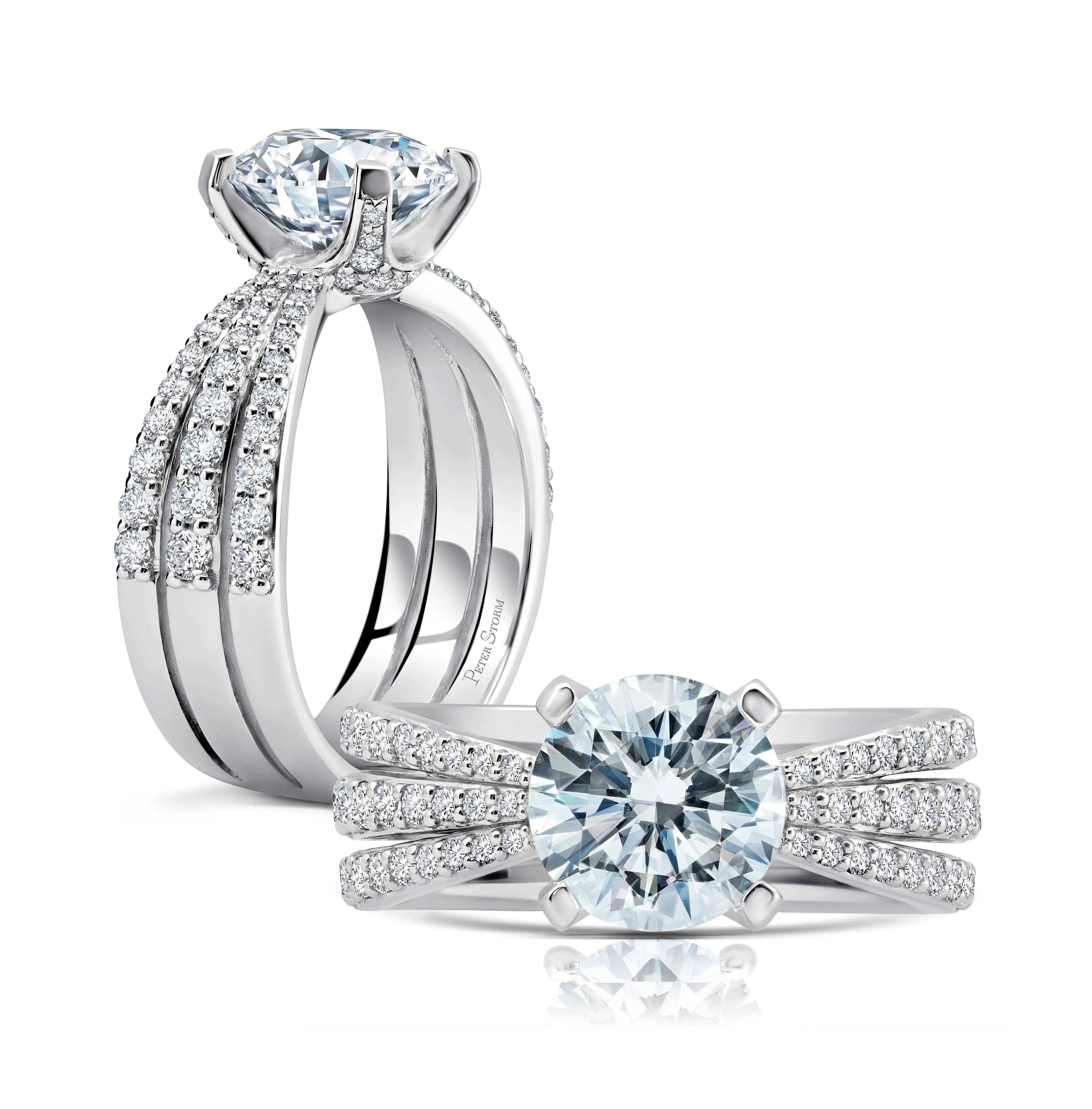 18k White Gold 3 Row Diamond Pinched Shank Engagement Ring for a 1ct Center
