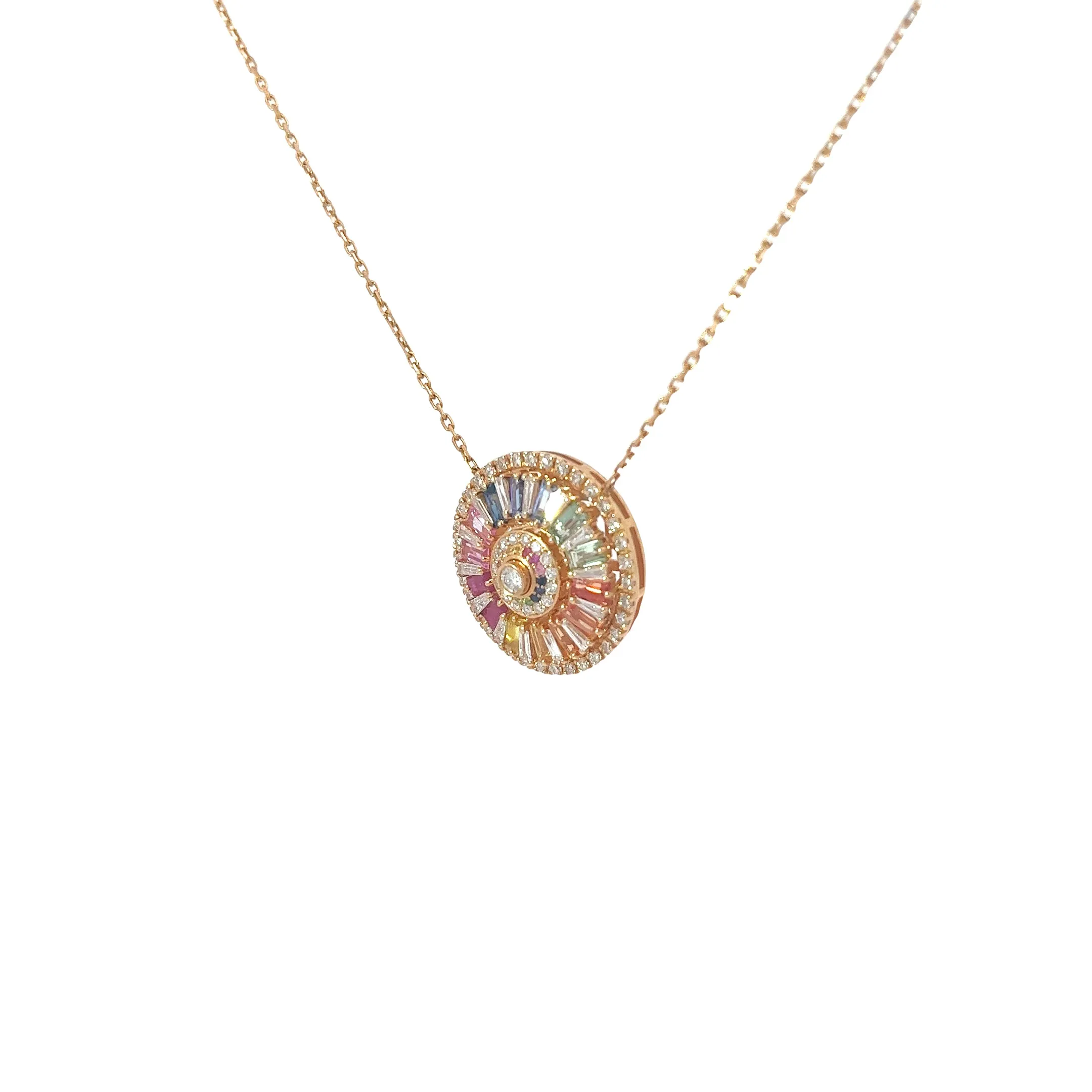18k Yellow Gold 2.27ct Multi-colored Sapphire  Baguette Shaped, .67ct G SI1 Round Diamond and .48ct Tapered Baguette Diamond Necklace