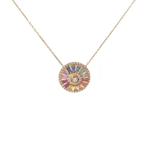 18k Yellow Gold 2.27ct Multi-colored Sapphire  Baguette Shaped, .67ct G SI1 Round Diamond and .48ct Tapered Baguette Diamond Necklace