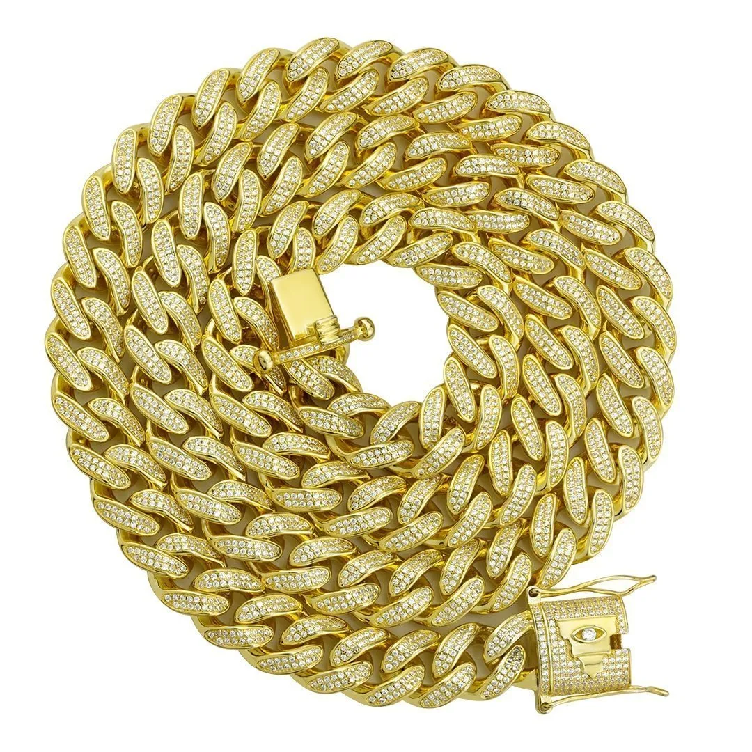 18k Yellow Gold Plated Sterling Silver Cubic Zirconia Stones Cuban Link Chain 28 inches Inches 13 mm