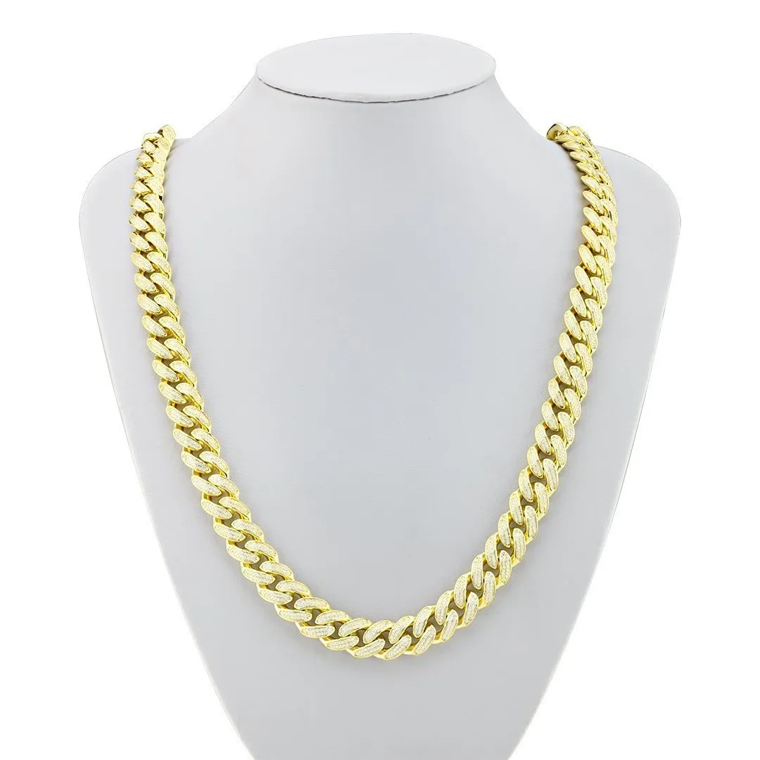 18k Yellow Gold Plated Sterling Silver Cubic Zirconia Stones Cuban Link Chain 28 inches Inches 13 mm