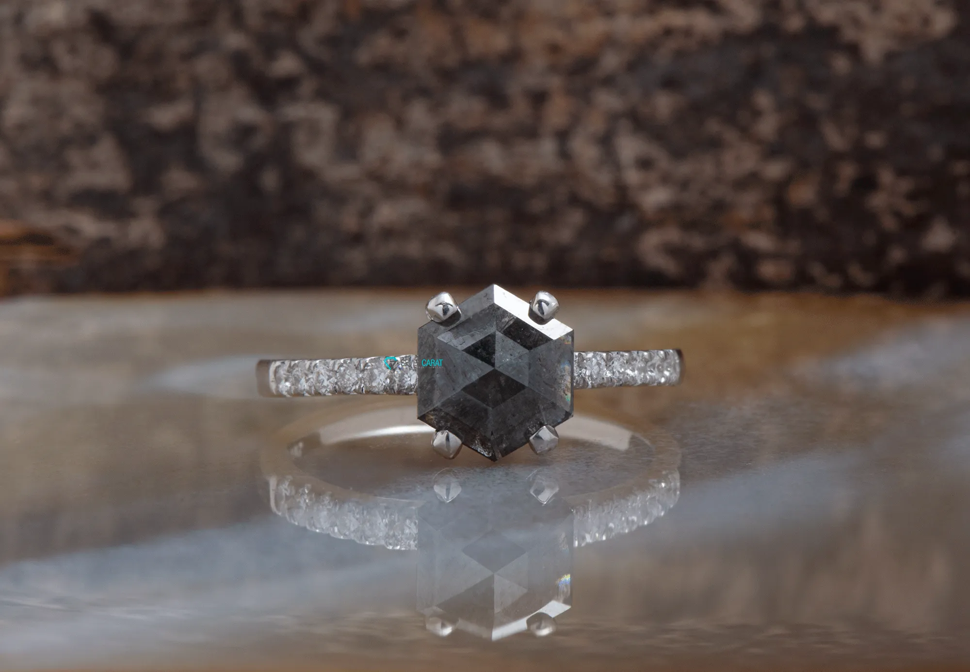 2.42 ct Salt and Pepper hexagon diamond ring - 14k 18K White Gold