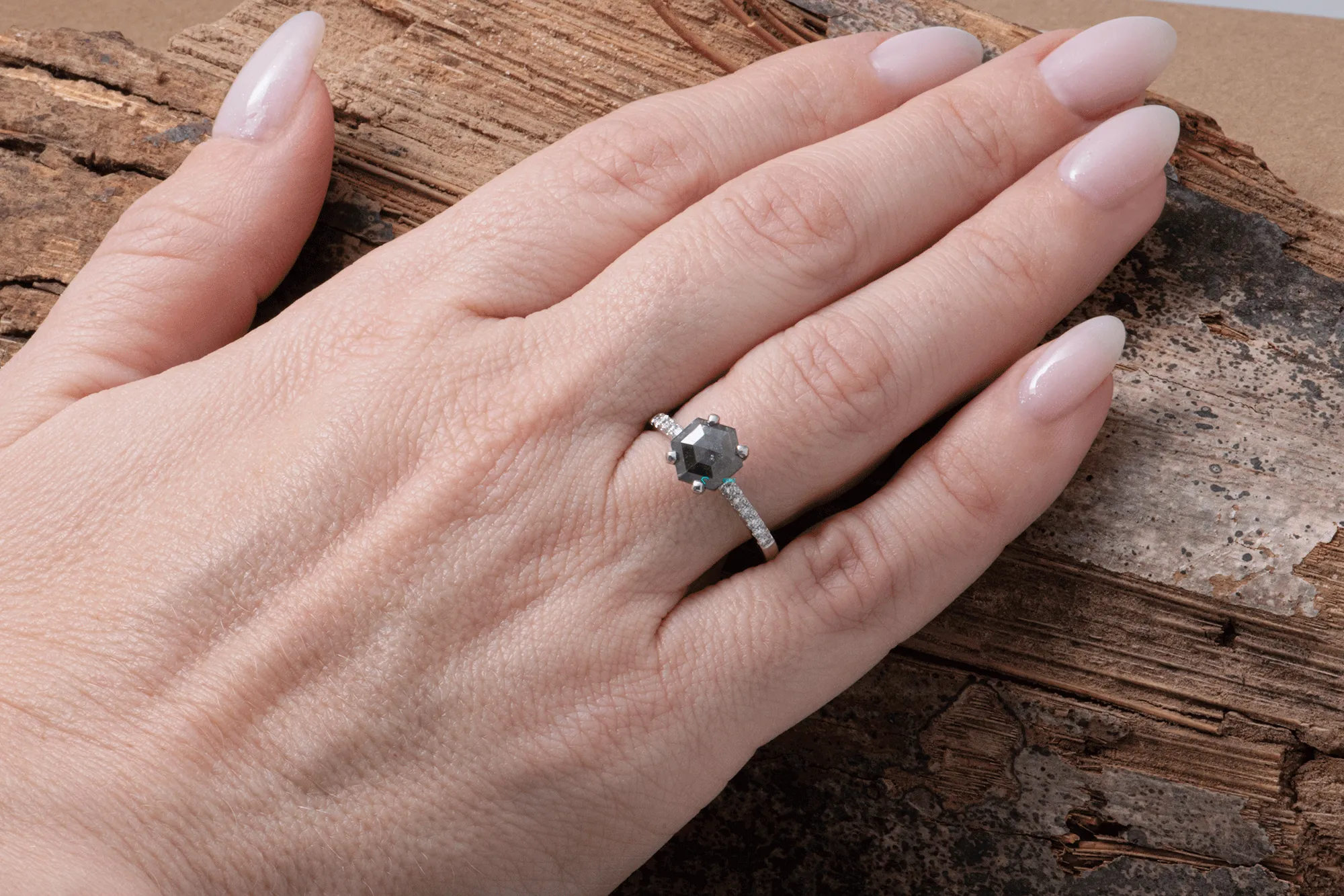 2.42 ct Salt and Pepper hexagon diamond ring - 14k 18K White Gold