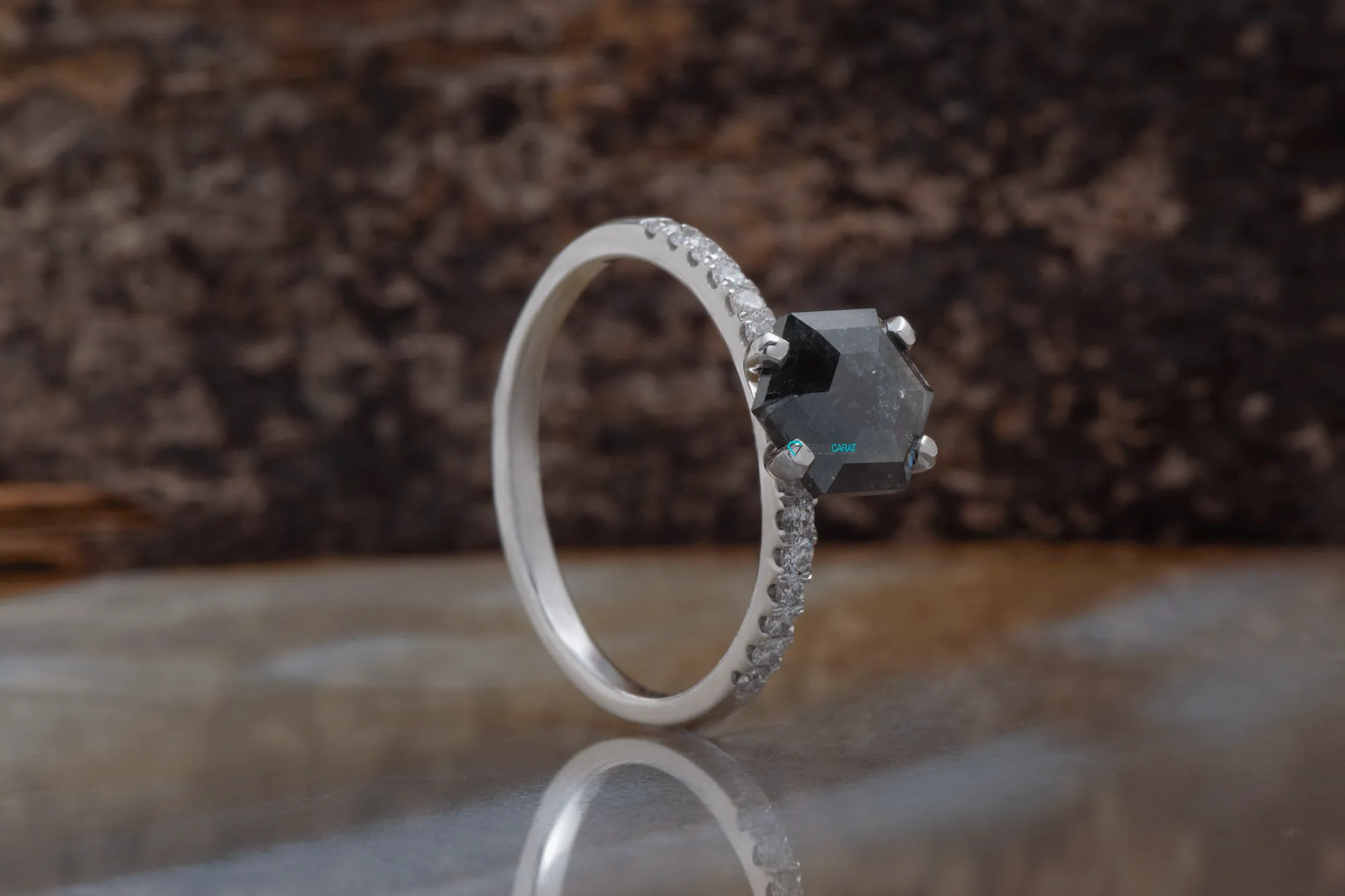2.42 ct Salt and Pepper hexagon diamond ring - 14k 18K White Gold