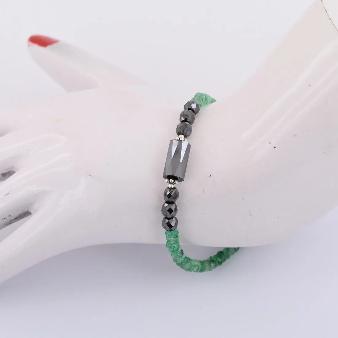 25 Ct Black Diamond & Emerald Gemstone Sterling Silver Bracelet Great Sparkle!
