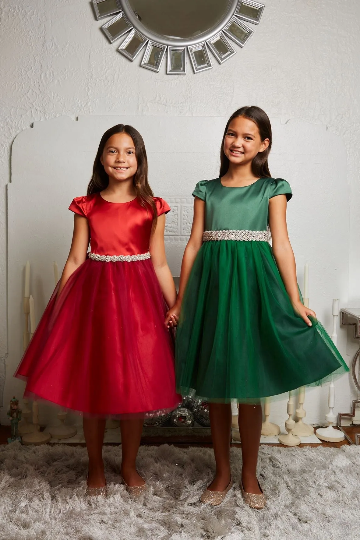 452-A Capped Sleeve Satin & Tulle Girls Dress with Plus Sizes