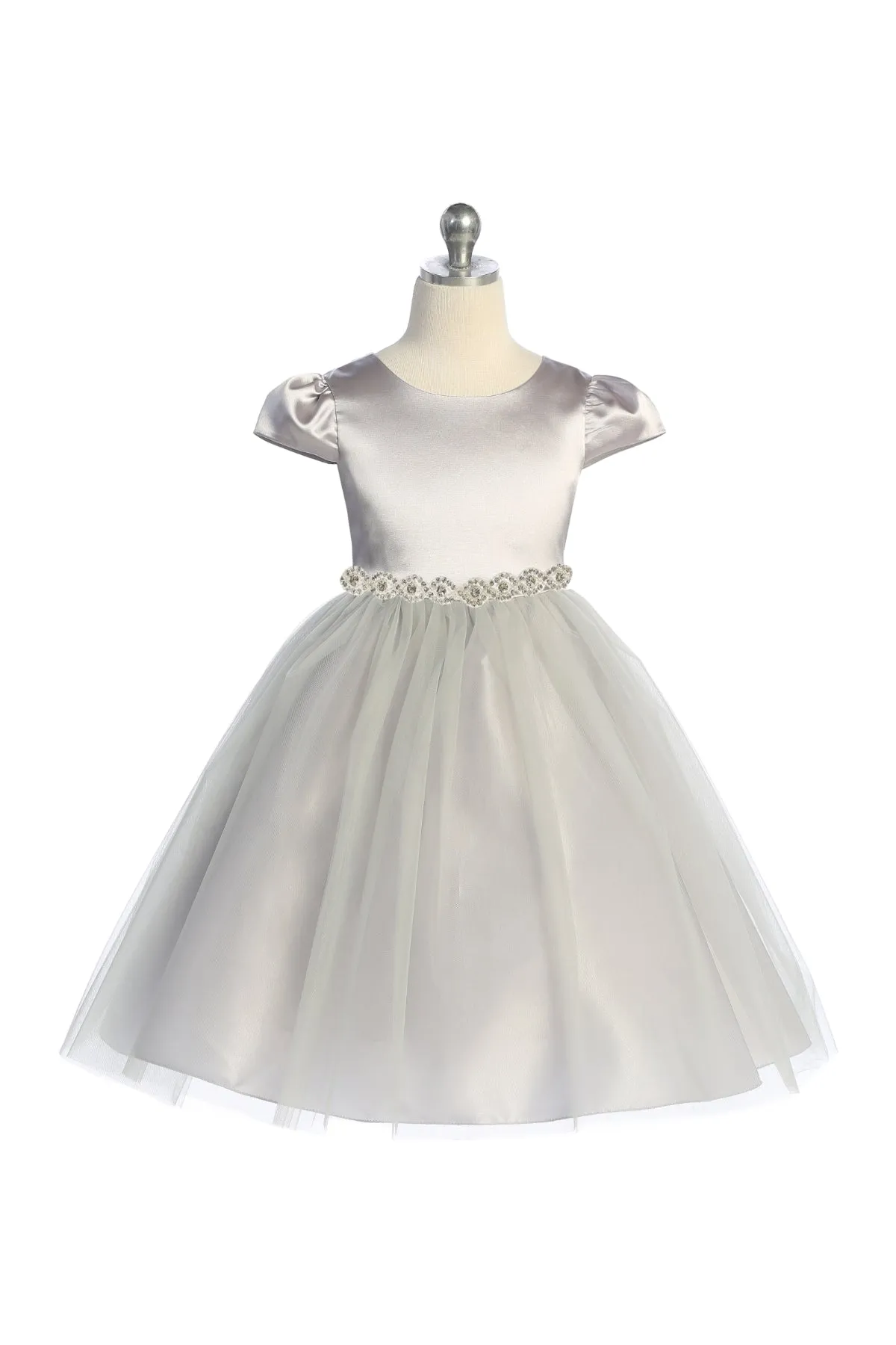 452-A Capped Sleeve Satin & Tulle Girls Dress with Plus Sizes