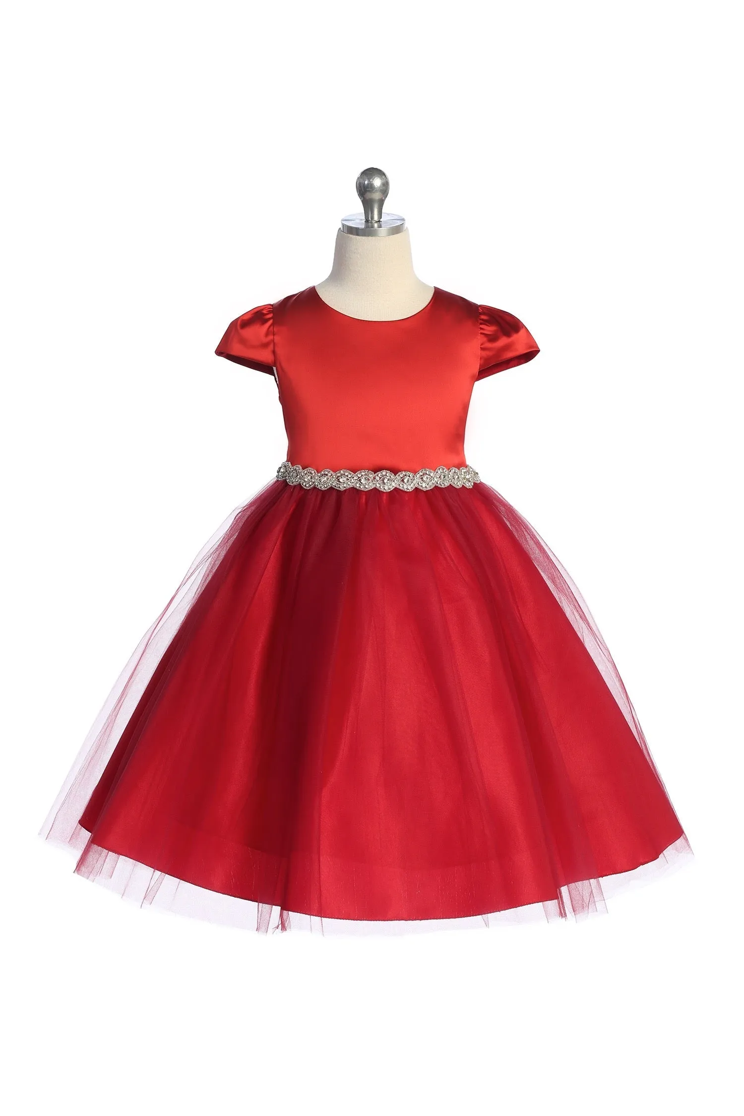 452-A Capped Sleeve Satin & Tulle Girls Dress with Plus Sizes