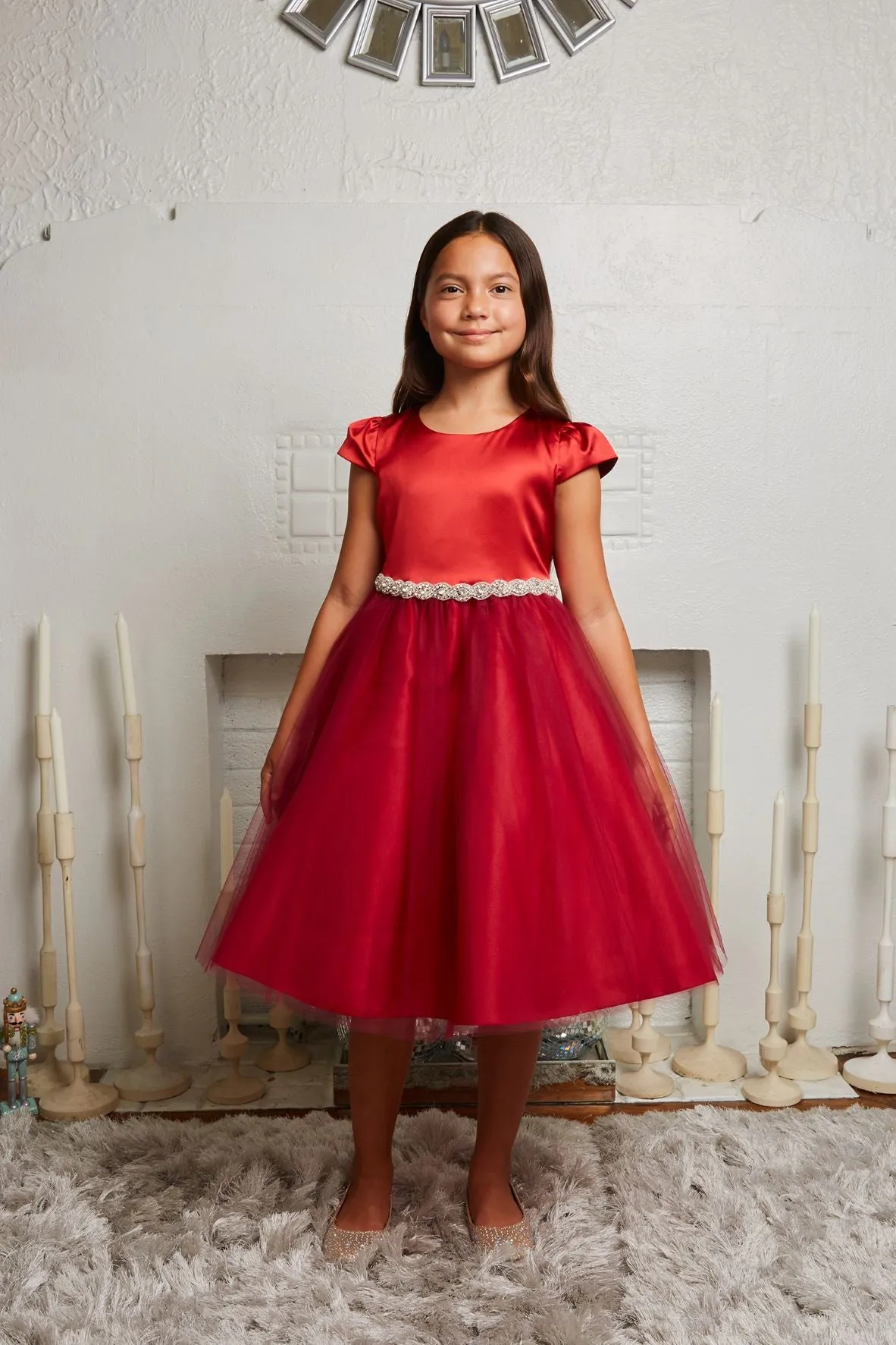 452-A Capped Sleeve Satin & Tulle Girls Dress with Plus Sizes