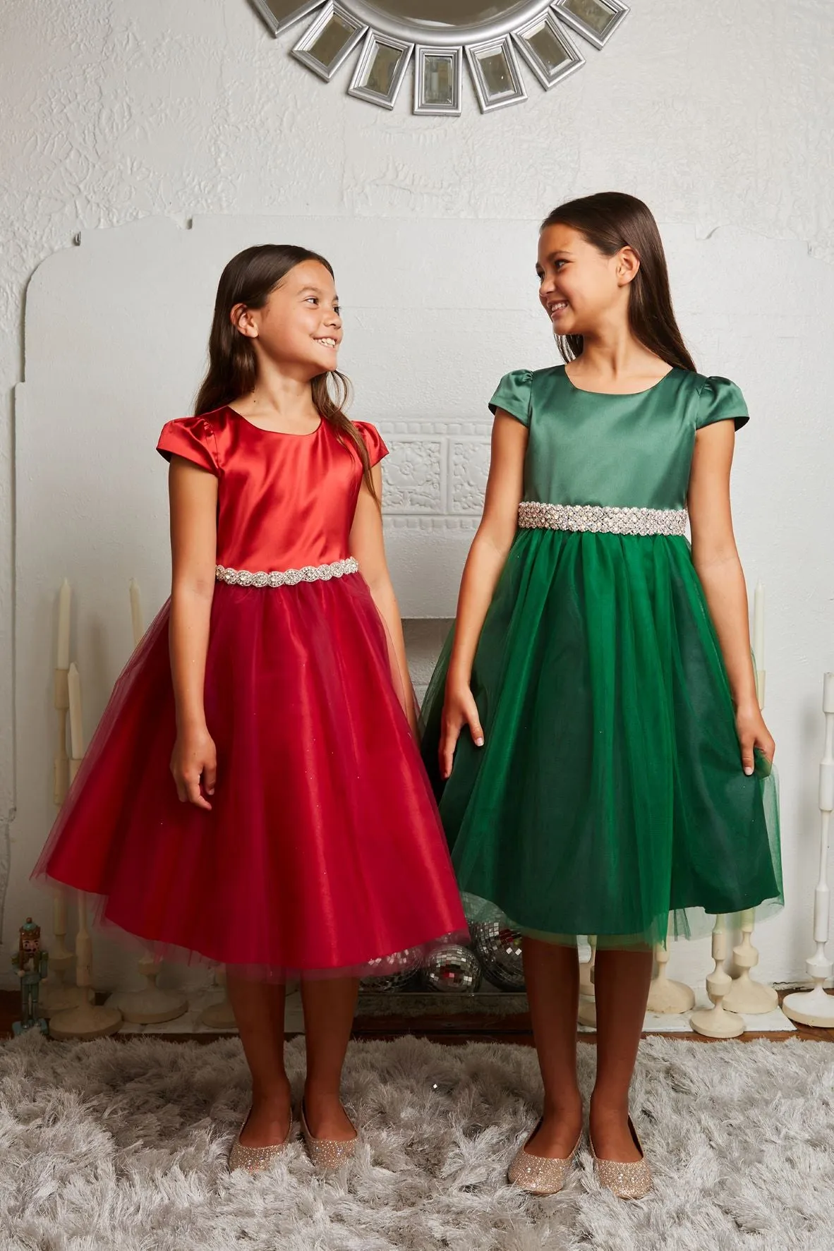 452-A Capped Sleeve Satin & Tulle Girls Dress with Plus Sizes