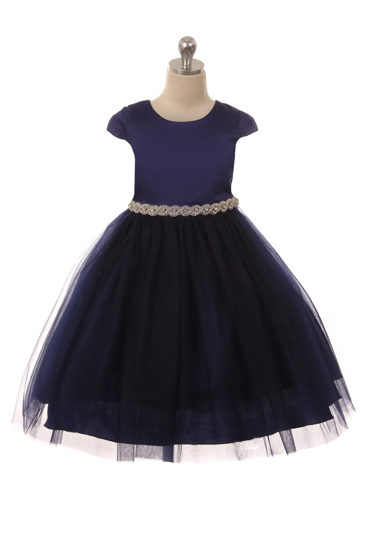 452-A Capped Sleeve Satin & Tulle Girls Dress with Plus Sizes