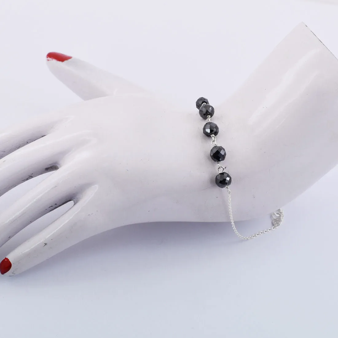 6mm Black Diamond Sterling Silver Chain Bracelet AAA Certified Beads