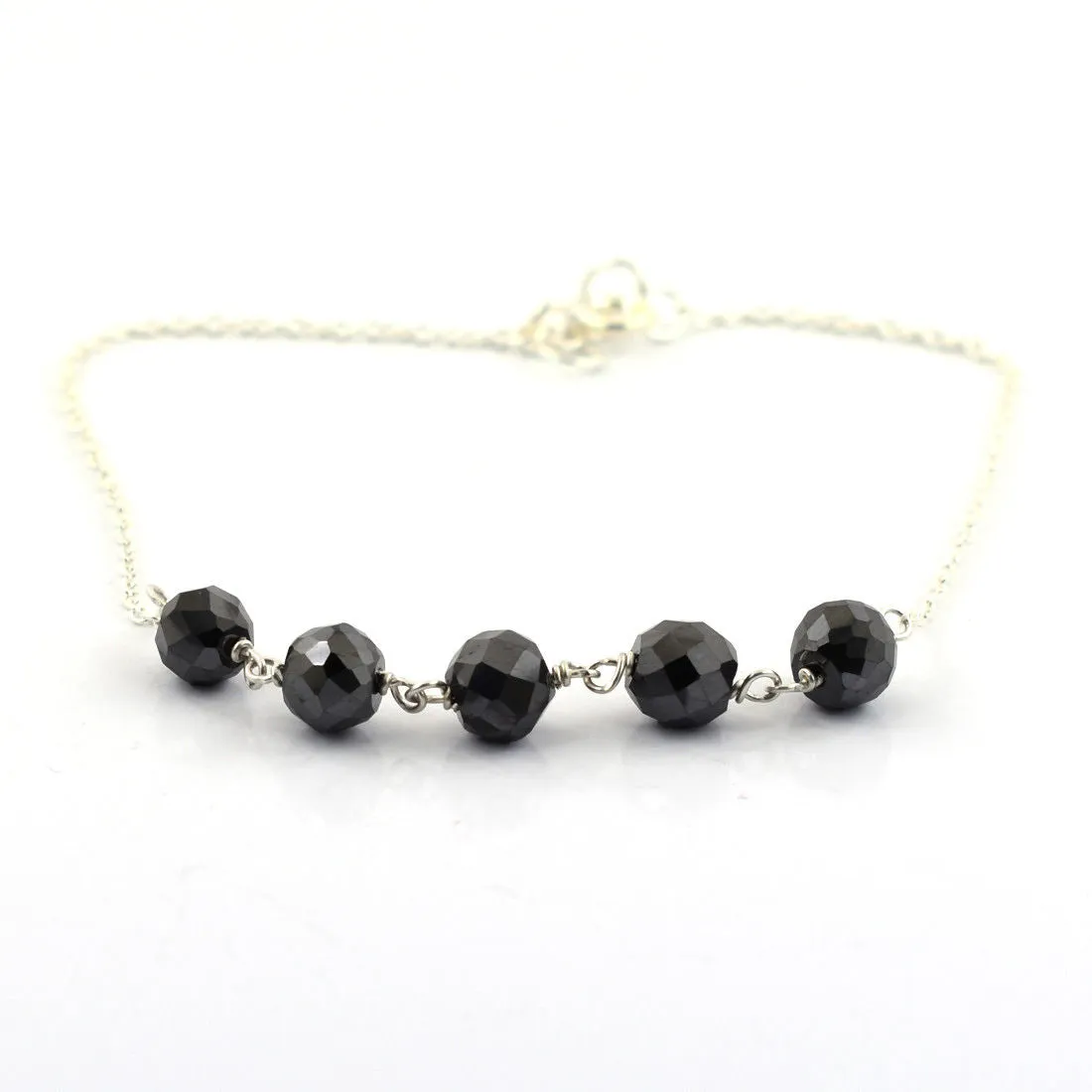 6mm Black Diamond Sterling Silver Chain Bracelet AAA Certified Beads