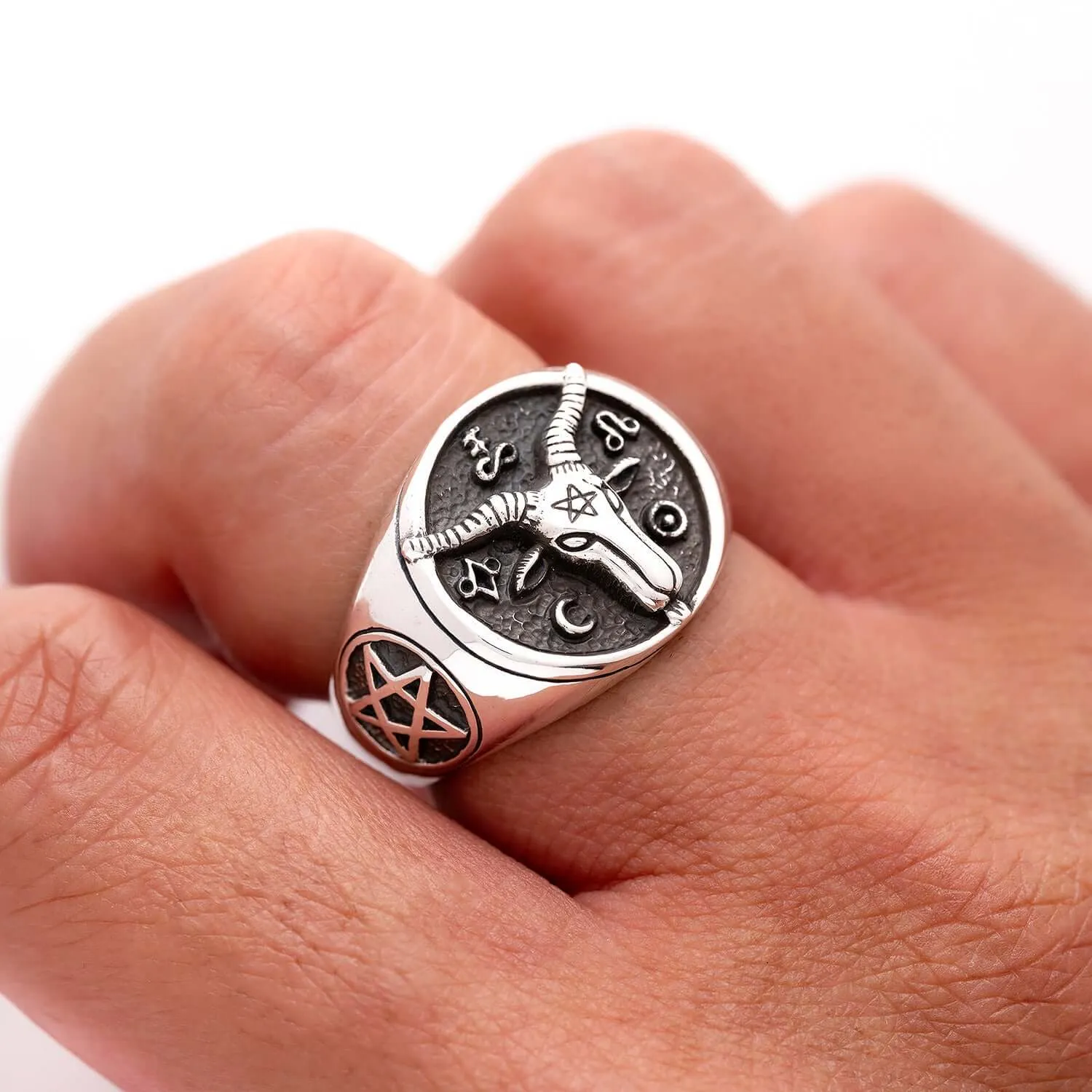 925 Sterling Silver Goat of Mendes Ring with Pentagram