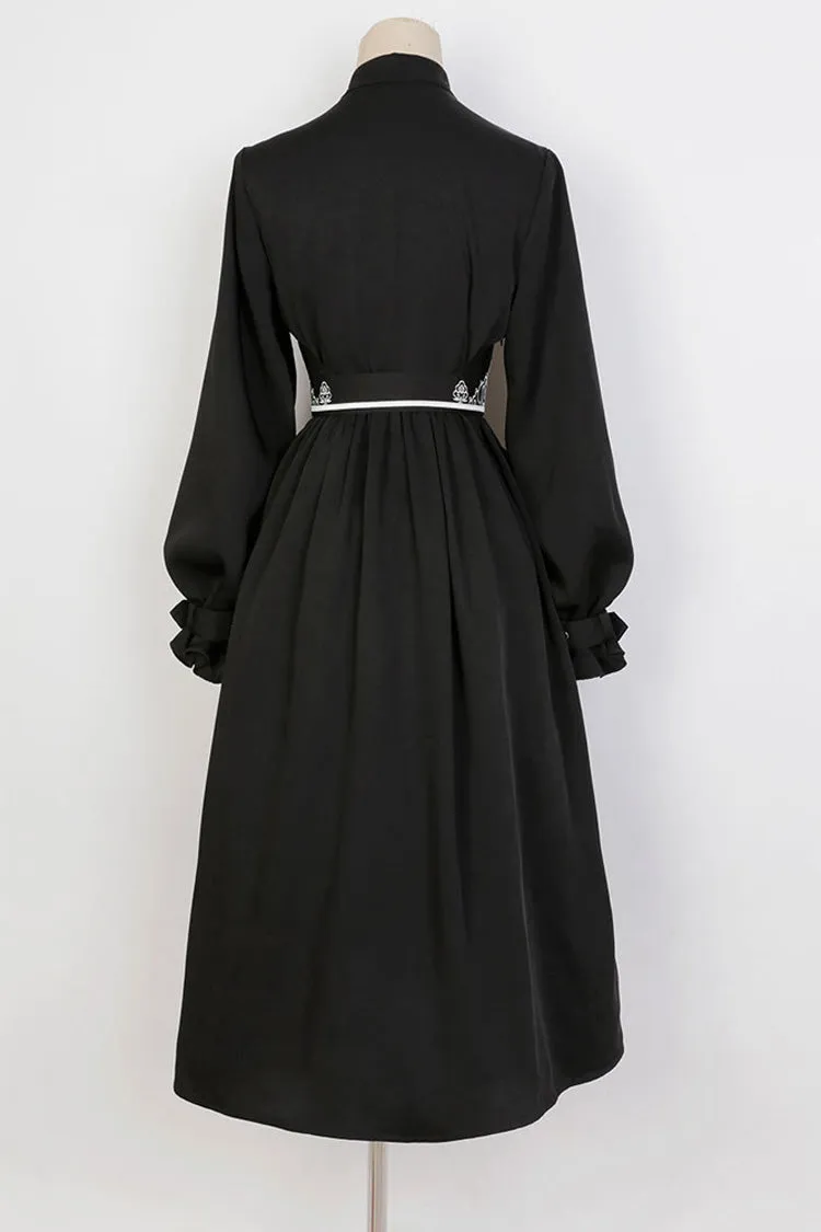 Black Mysterious Long Sleeves Chinese Style Single Breasted High Waisted Print Hanfu Dress