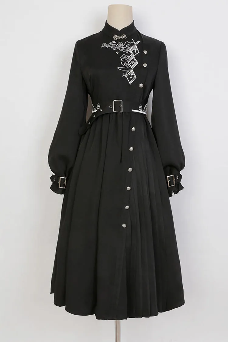 Black Mysterious Long Sleeves Chinese Style Single Breasted High Waisted Print Hanfu Dress