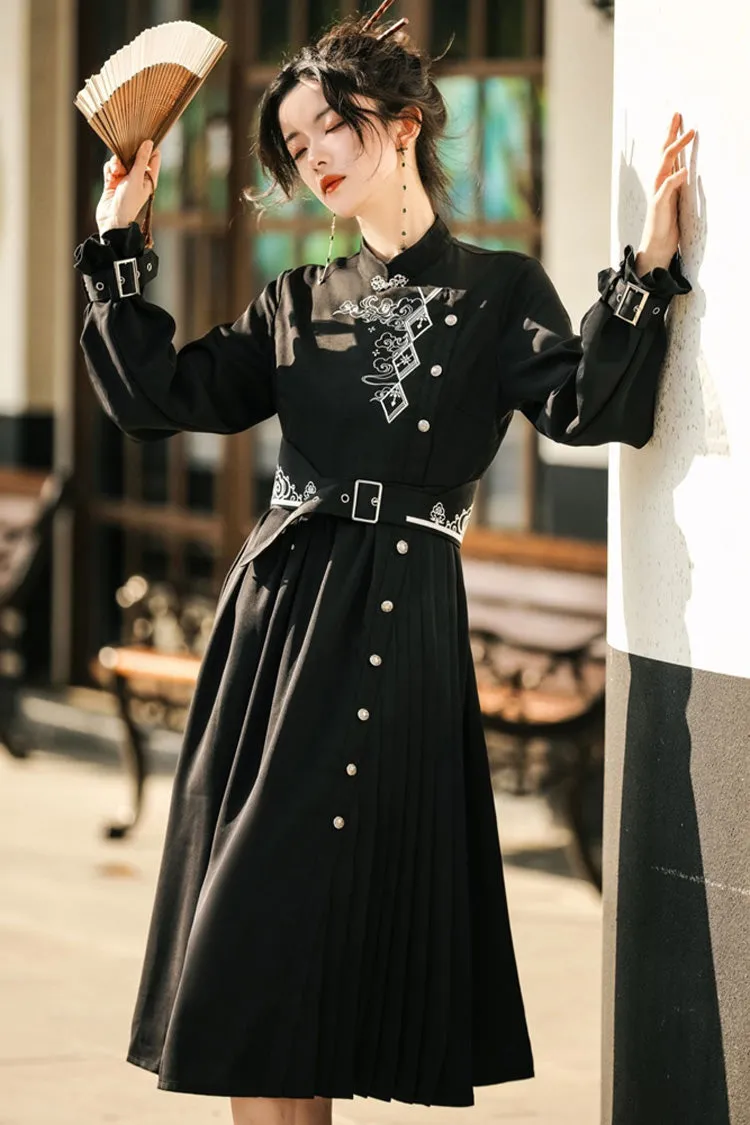 Black Mysterious Long Sleeves Chinese Style Single Breasted High Waisted Print Hanfu Dress