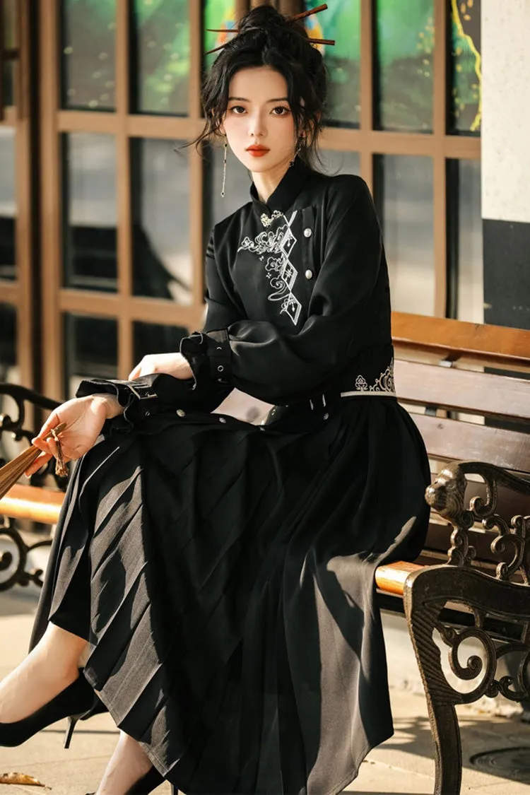 Black Mysterious Long Sleeves Chinese Style Single Breasted High Waisted Print Hanfu Dress