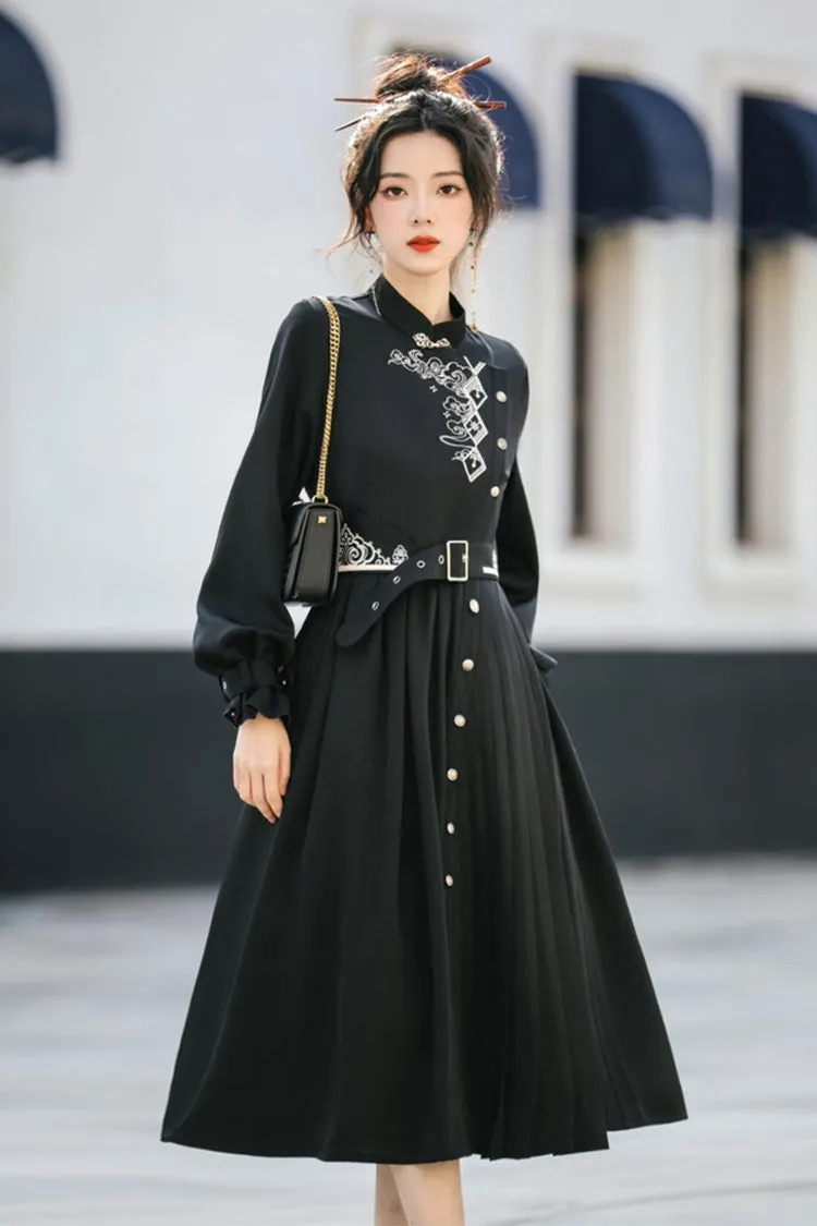 Black Mysterious Long Sleeves Chinese Style Single Breasted High Waisted Print Hanfu Dress