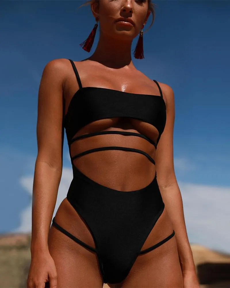 Black Sexy Hollow Out Bodysuit Swimsuit