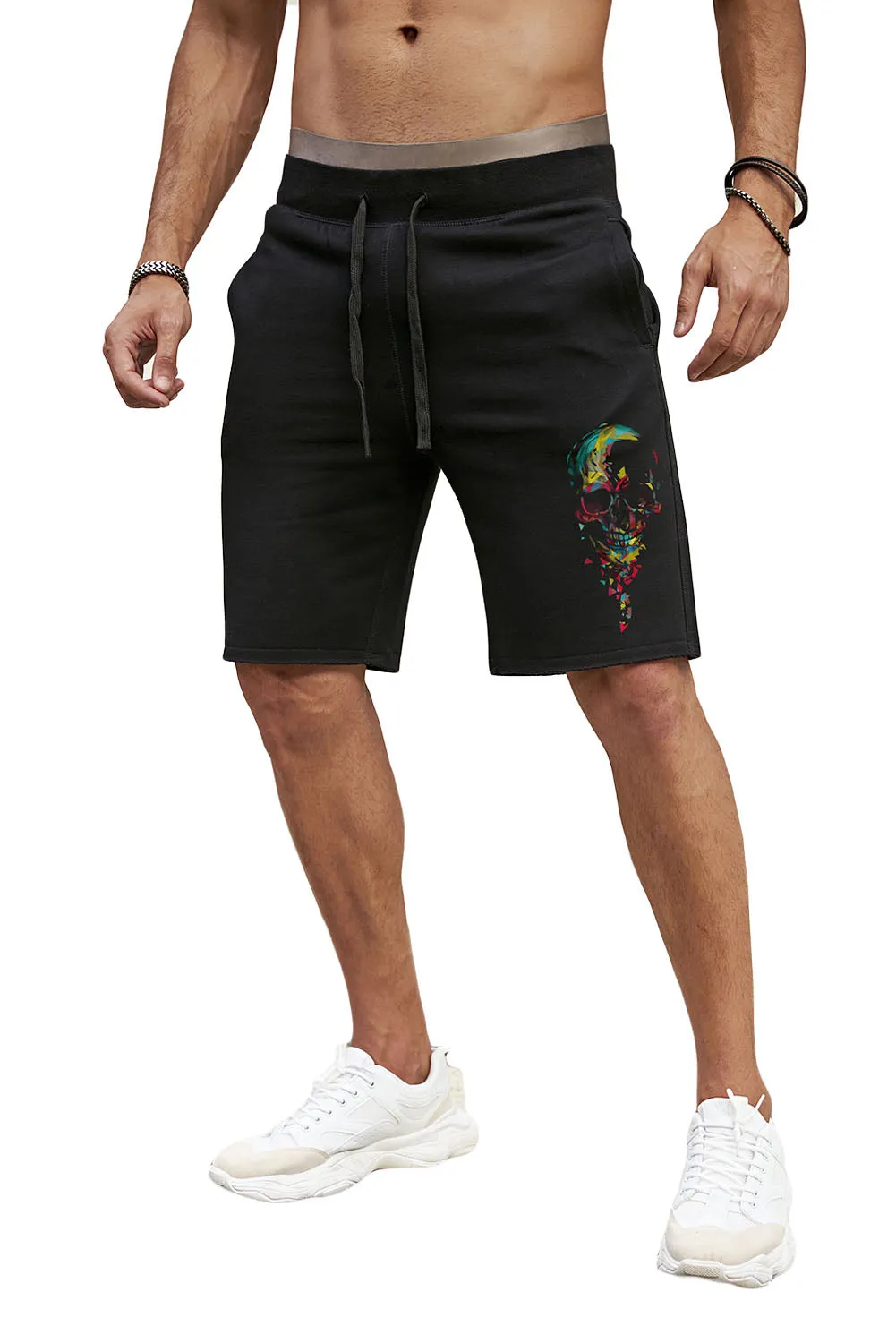 Black Skull Graphic Print Drawstring High Waist Men's Casual Shorts