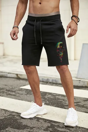 Black Skull Graphic Print Drawstring High Waist Men's Casual Shorts