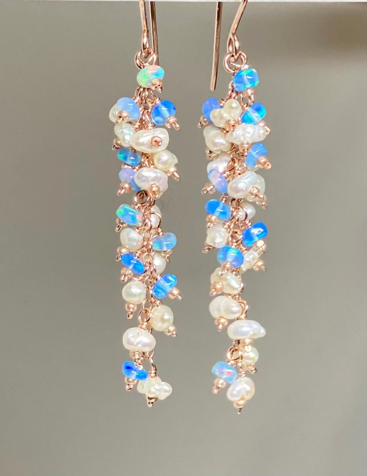 Blue Ethiopian Opal and Keishi Pearl Tassel Dangle Earrings Rose Gold