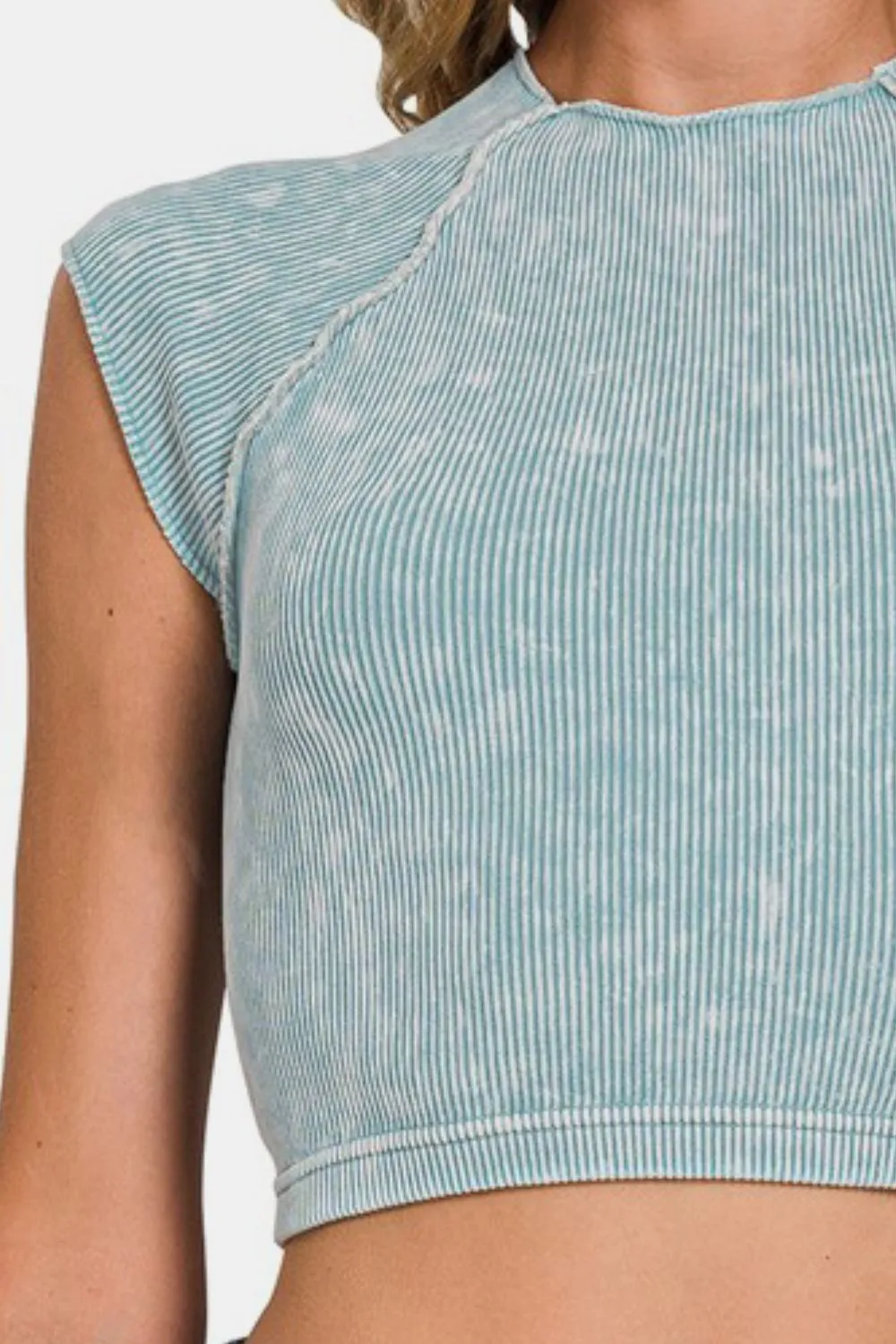 Blue Grey Ribbed Round Neck Cropped Top