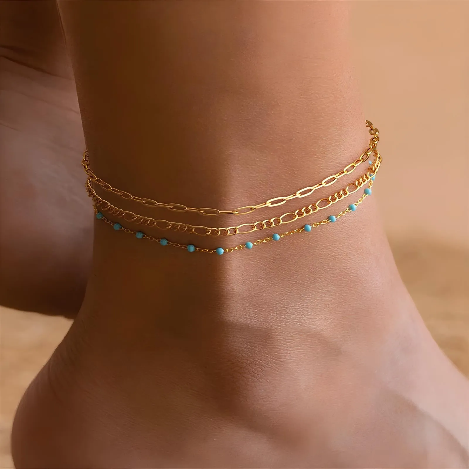 Boho Turquoise Multilayer Chain Anklets