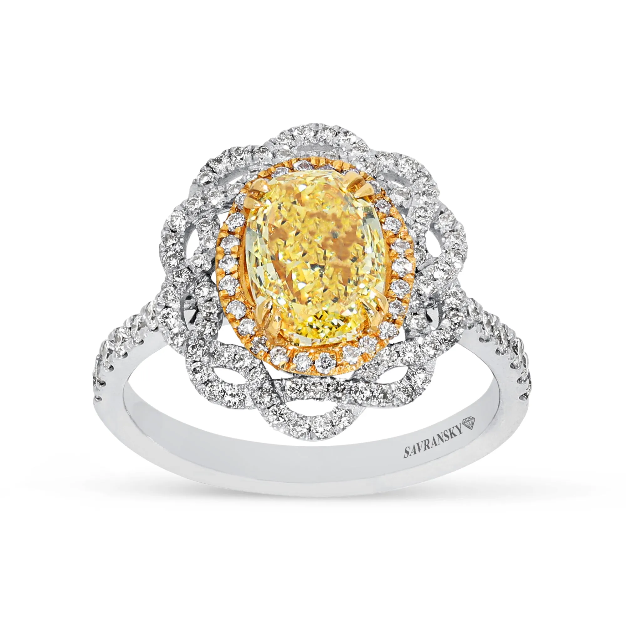 Canary Yellow Oval Diamond Art Deco Halo Pave Engagement Ring