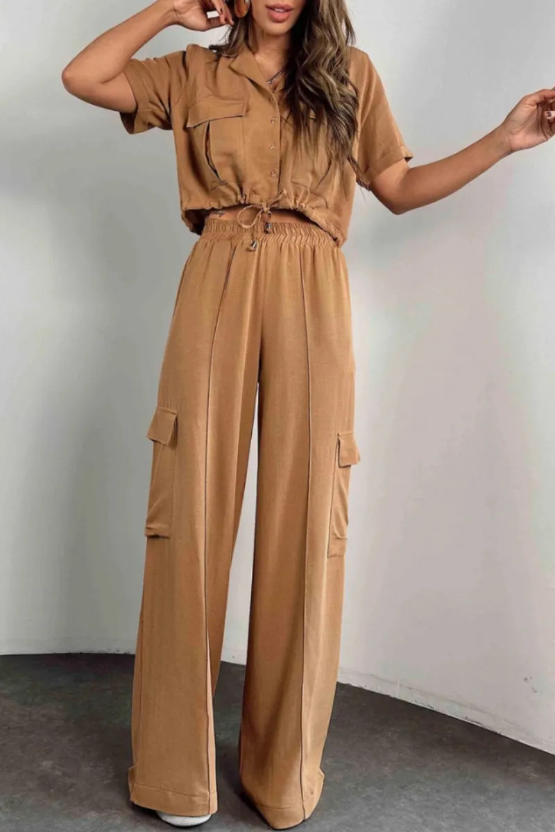 Casua  Buttons Belted Turndown Collar Short Sleeve Two Pieces(3 Colors)