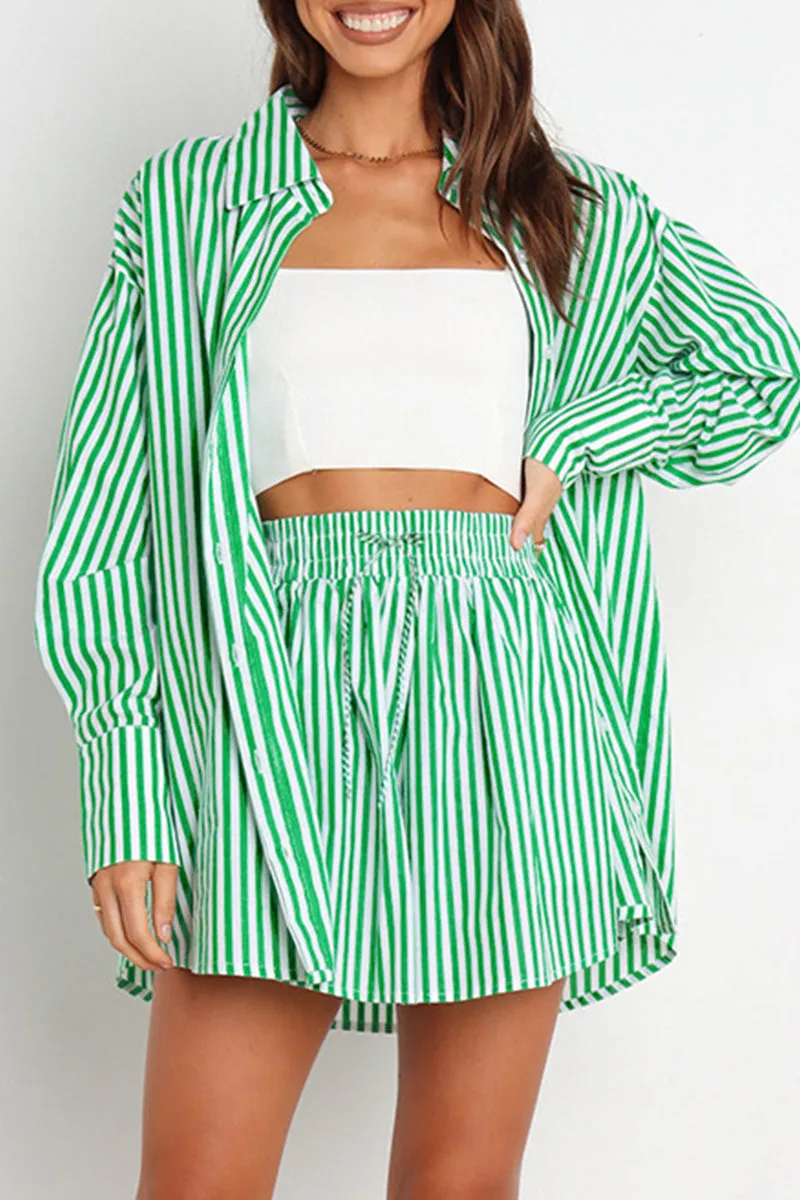 Casual Daily Striped Frenulum Turndown Collar Long Sleeve Two Pieces(4 Colors)