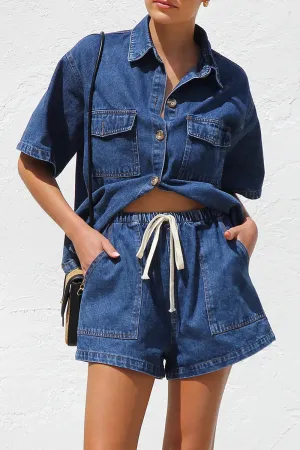 Casual Distressed Draw String Pocket Turndown Collar Short Sleeve Two Pieces