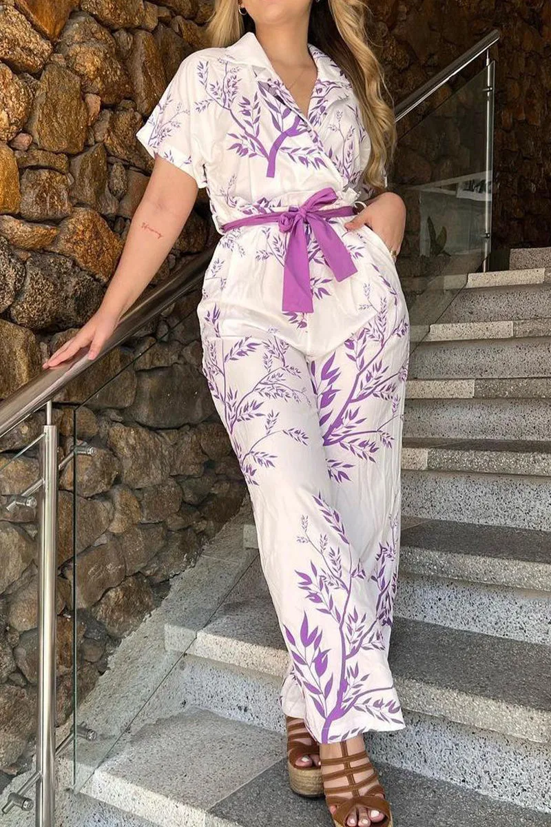 Casual Floral Frenulum Turndown Collar Short Sleeve Two Pieces