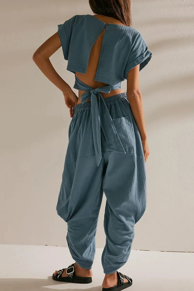 Casual Lace Up Backless O Neck Short Sleeve Two Pieces(2 Colors)