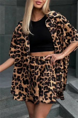 Casual Print Leopard Basic Turndown Collar Half Sleeve Two Pieces