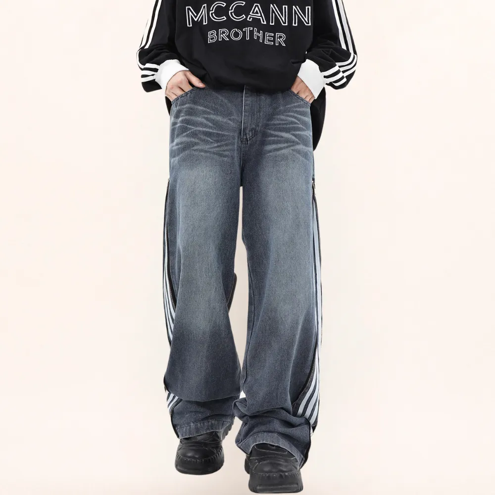 Casual Side Zipper Three-Bar Jeans