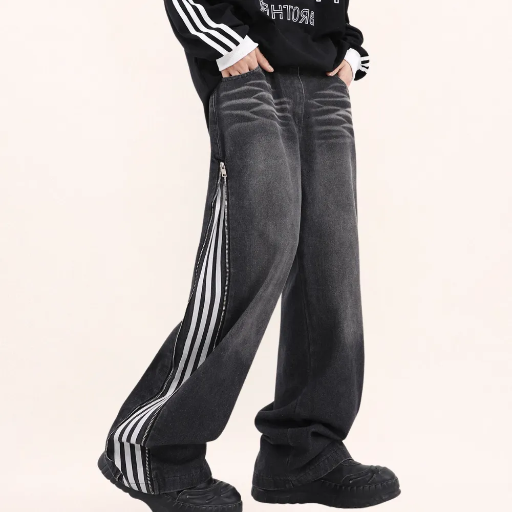Casual Side Zipper Three-Bar Jeans