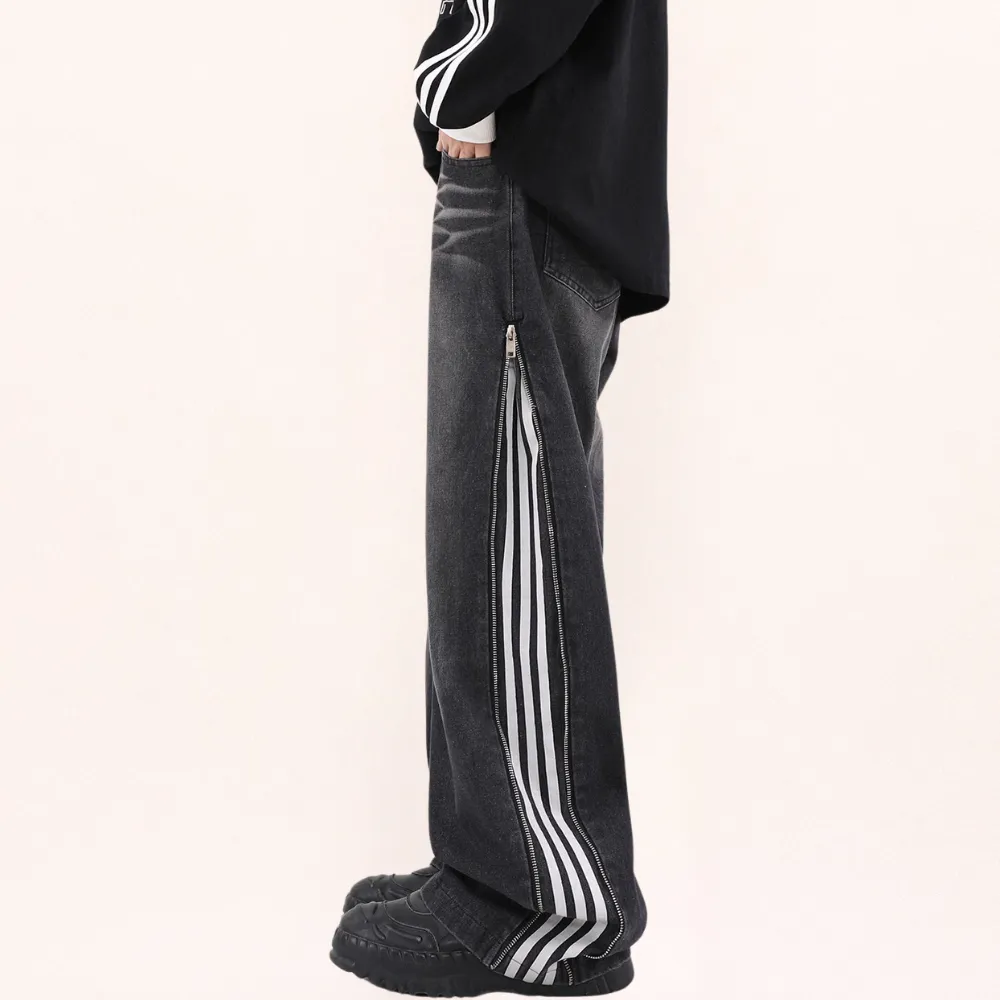 Casual Side Zipper Three-Bar Jeans