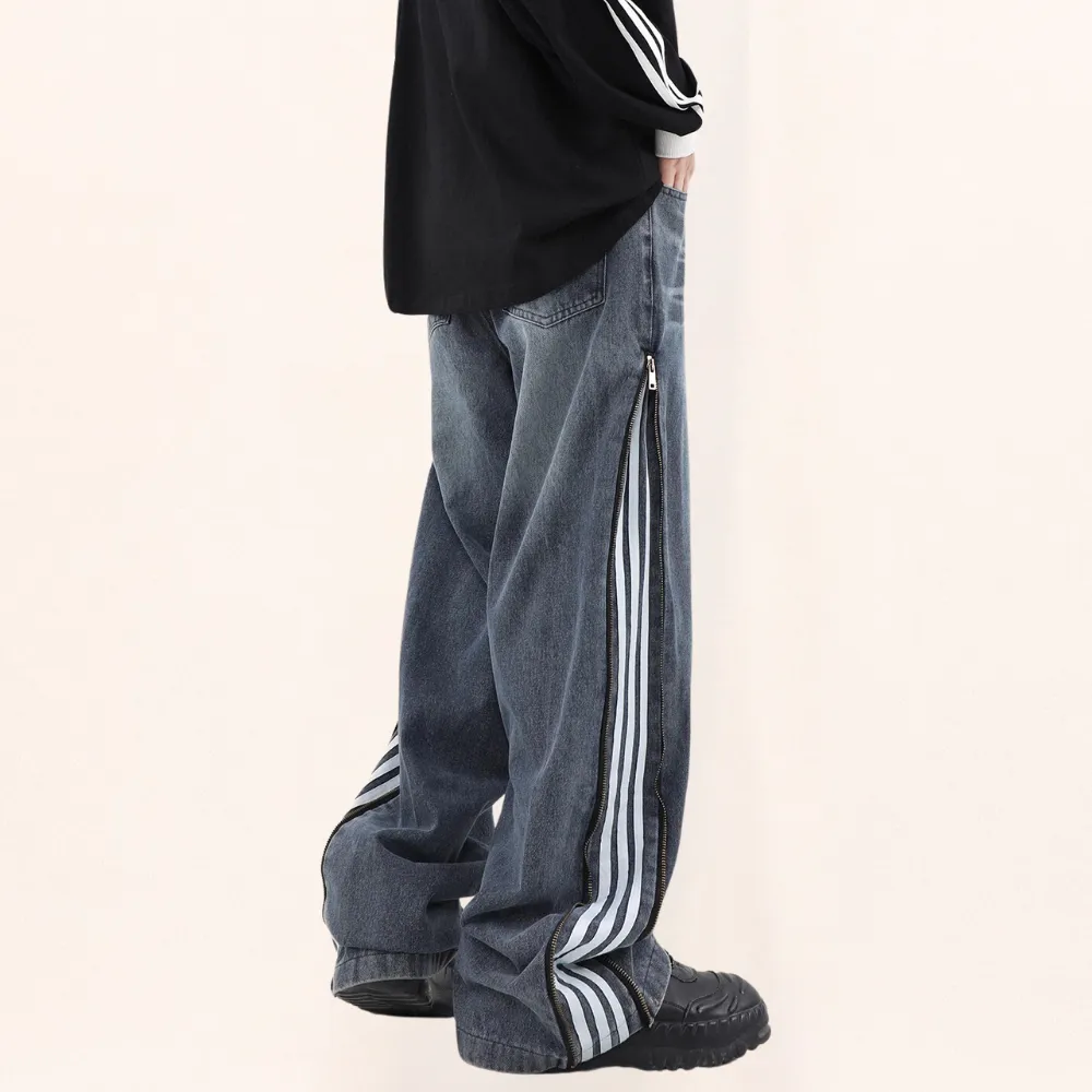 Casual Side Zipper Three-Bar Jeans