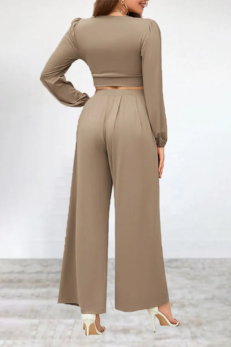 Casual Simplicity Solid Fold V Neck Long Sleeve Two Pieces