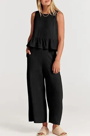 Casual Simplicity Solid Pocket Buttons O Neck Sleeveless Two Pieces