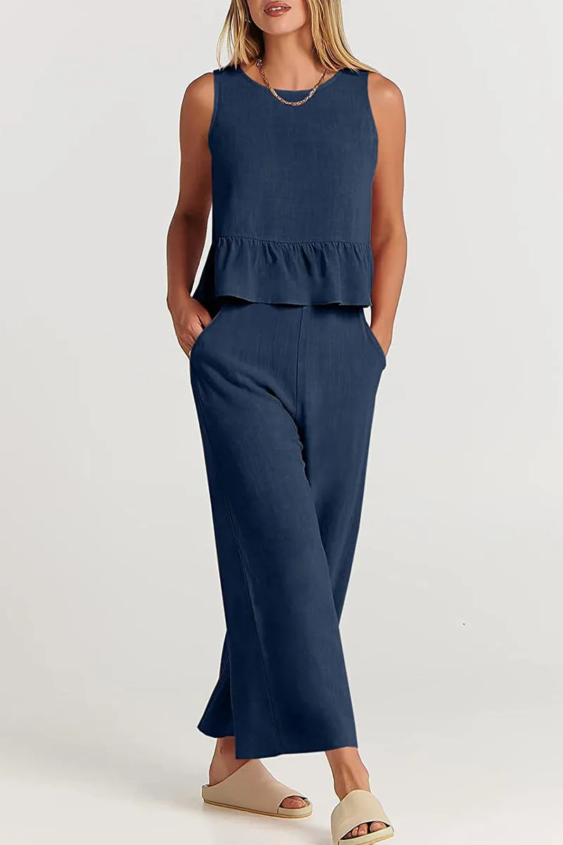 Casual Simplicity Solid Pocket Buttons O Neck Sleeveless Two Pieces