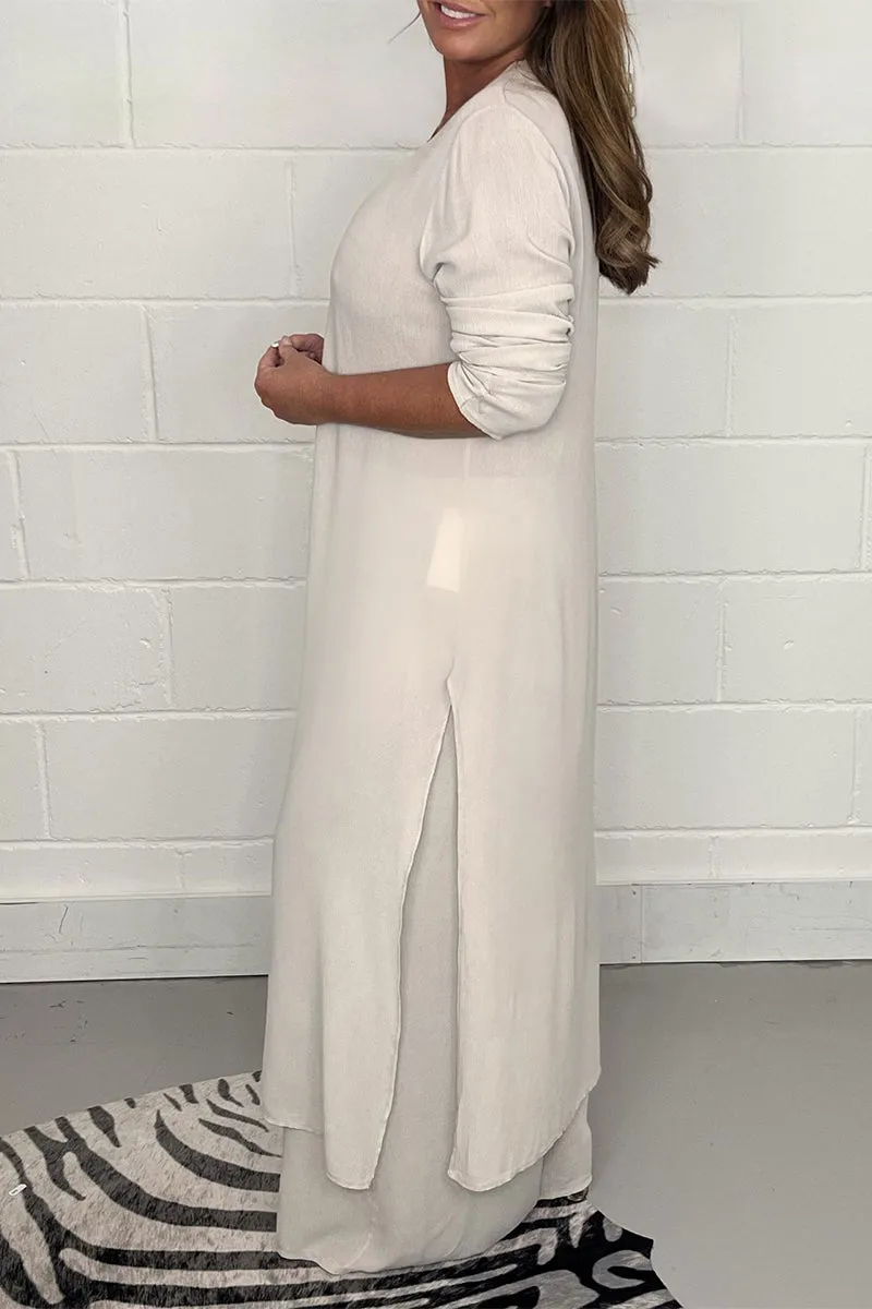 Casual Simplicity Solid Slit V Neck Long Sleeve Two Pieces